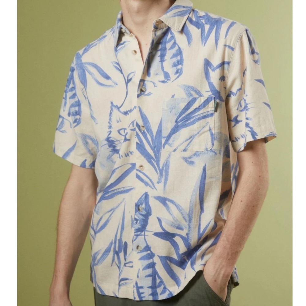 Urban Outfitters Mens XXL Blue Cat Tropical Print Linen Blend Button Down Shirt